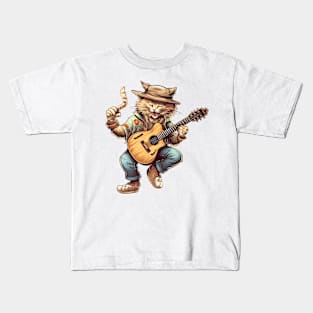 Summer Cat Dancing and Playing Guitar Kids T-Shirt